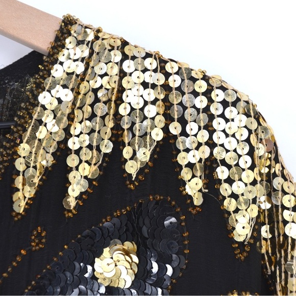 Vintage 80s VTG Butterfly Disco Sequined Silk Bolero Blouse Top Gold and Black - Picture 3 of 6